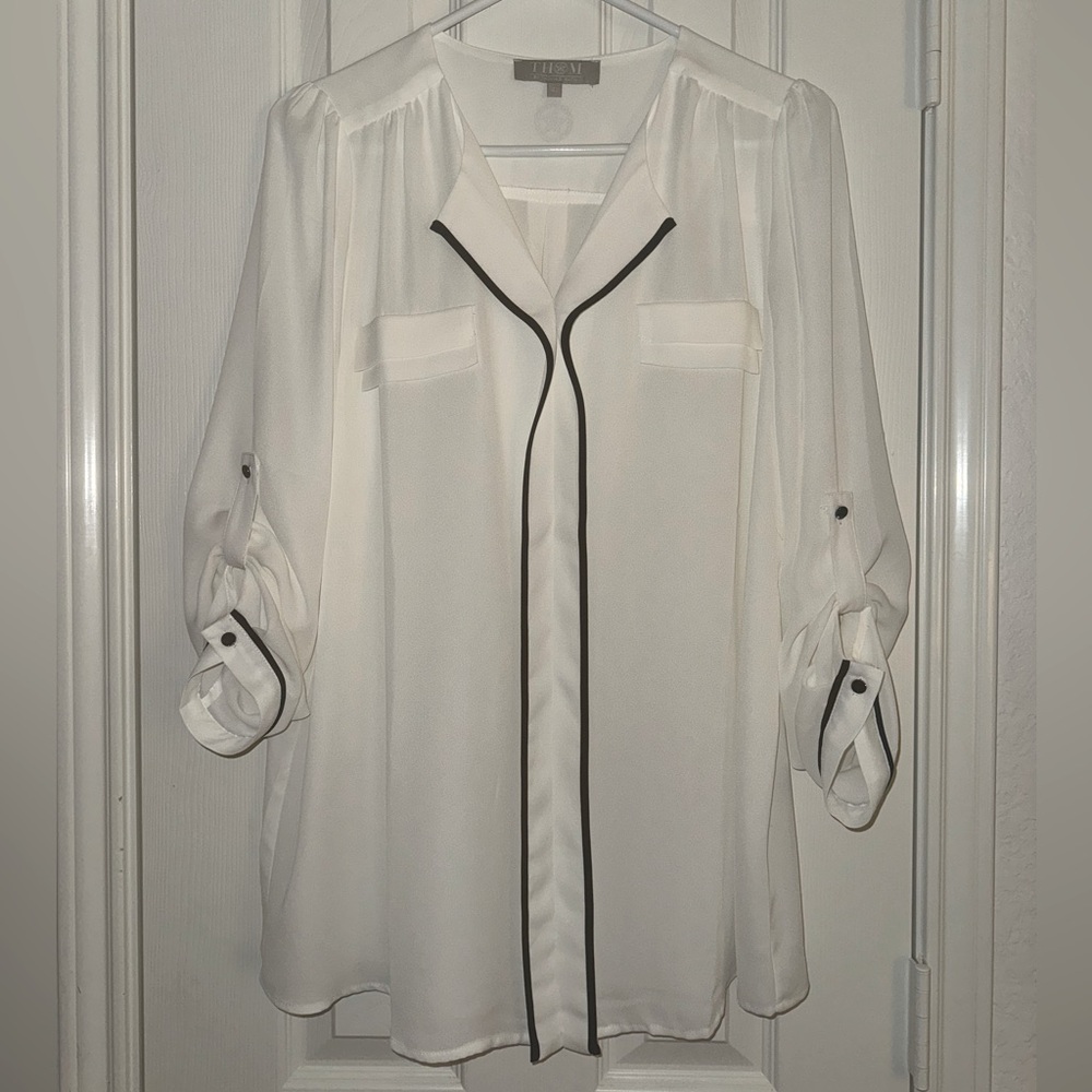 🤍💫 White Flowy Blouse with Black Accents